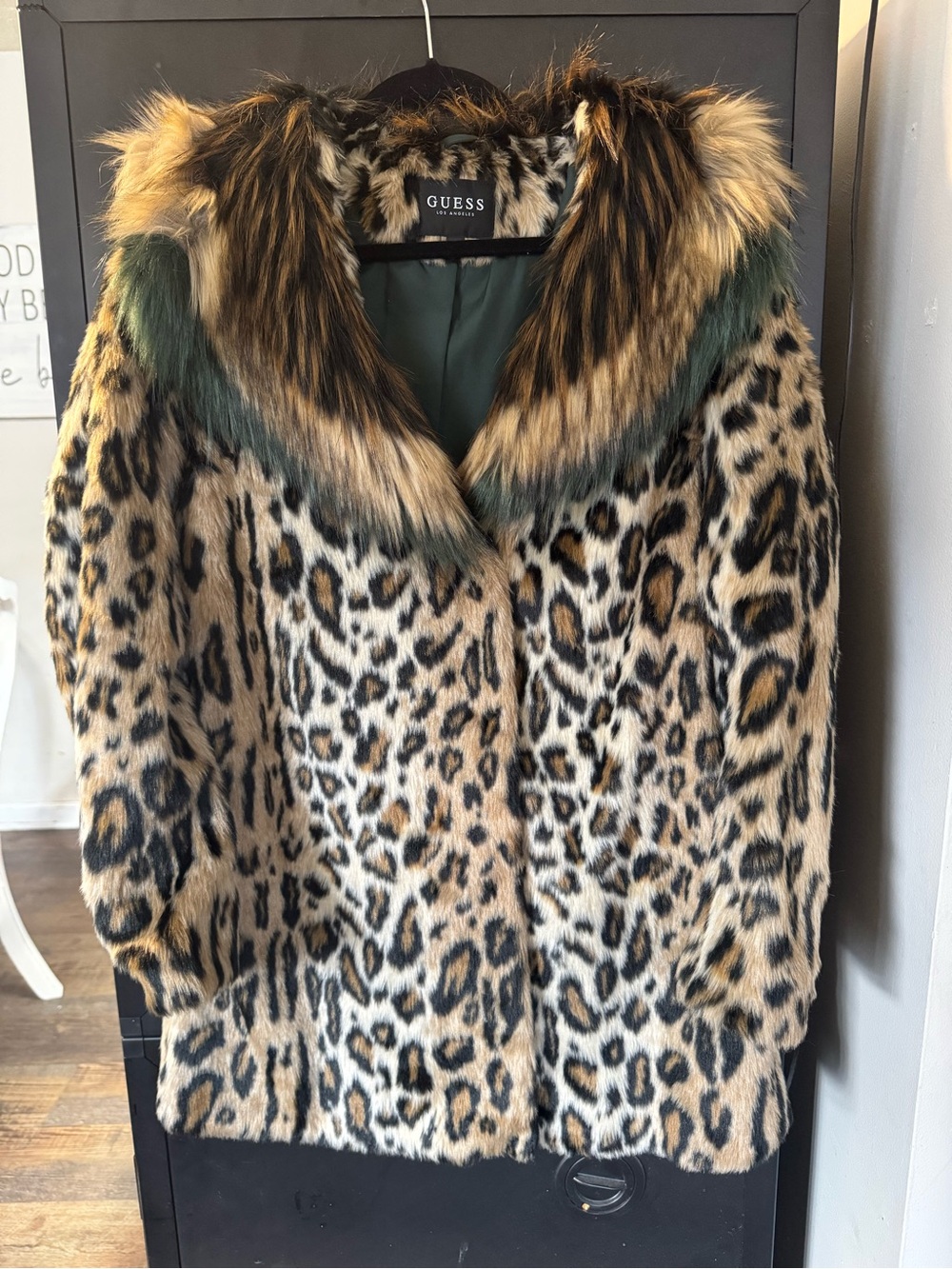 GUESS Leopard Faux Fur Coat with Green-Trim Collar